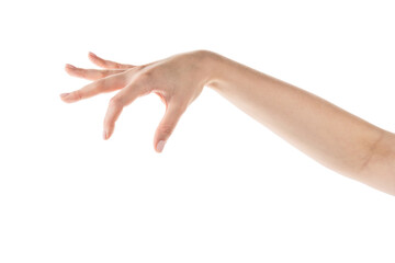 Wall Mural - young woman hand holding something with fingers from the top isolated on white background