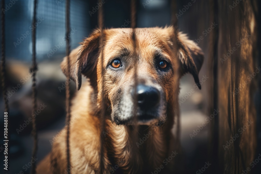 Stray homeless dog behind cage bars. Abandoned canine animal waiting ...