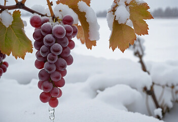 Red grapes harvested in winter conditions and snow for a unique ice wine experience.