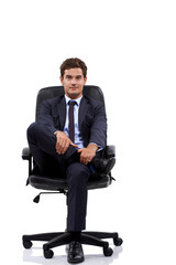 Wall Mural - Businessman, portrait and manager sitting in a chair with white background or mock up space in studio. Serious, entrepreneur and waiting on seat with professional style, fashion or suit for work