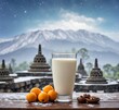 A glass of milk and mandarins on a wooden table against the background of the mountains