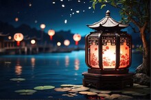 Chinese Lamp With Light Decoration, On Top Of Water Lake Night Background