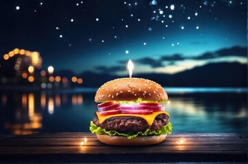 Wall Mural - Burger with light decoration, on top of water lake night background