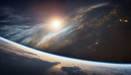 Wall Mural - bird's eye view of earth from space. city lights shining, clouds softly glowing.