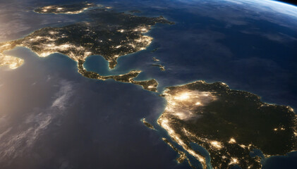 Wall Mural - bird's eye view of earth from space. city lights shining, clouds softly glowing.