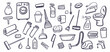 Vector collection of household cleaning, washing and disinfection equipment hand-drawn in doodle style