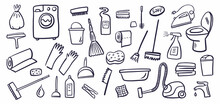 Vector Collection Of Household Cleaning, Washing And Disinfection Equipment Hand-drawn In Doodle Style