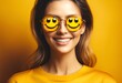 a woman wearing glasses designed in the shape of a smiley face
