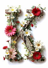 Big Letter K Decorated With Flowers Isolated On White Background