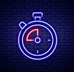 Canvas Print - Glowing neon line Stopwatch icon isolated on brick wall background. Time timer sign. Chronometer sign. Colorful outline concept. Vector