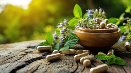 Wall Mural - Herbal medicine in capsules from herb leaf on wooden table, Healthy eating with natural product for good living. Healthy concept.