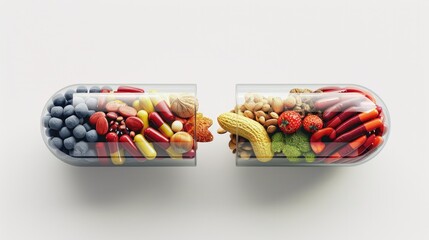 Wall Mural - Medicine health concept. Nutritional supplement and vitamin supplements as a capsule with fruit vegetables nuts and beans inside a nutrient pill.