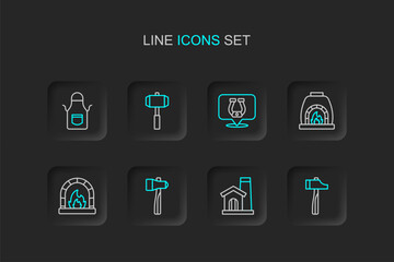 Wall Mural - Set line Hammer, Smithy workshop interior, Blacksmith oven, Horseshoe, Sledgehammer and apron icon. Vector