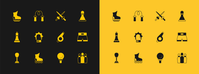 Canvas Print - Set Chess, Roller skate, Whistle, Golf ball on tee, Punch in boxing gloves, Fencing, Skates and Jump rope icon. Vector