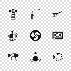 Wall Mural - Set Fishing float in water, finder echo sounder, Outboard boat motor, net, Lighthouse, rod and Spinning reel for fishing icon. Vector