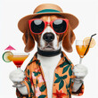Beagle dog hold cocktail with strange facial expressions wear sunglasses on white background. ai generative