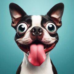 Wall Mural - Boston Terrier dog with tongue hanging out and big bulging eyes with strange facial expressions. ai generative