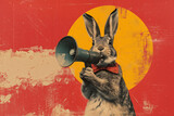 Fototapeta Sport - Art collage. A crazy easter bunny with a megaphone. Promotion, action, holiday, ad, job questions. Vacancy. Business discount concept, communication, information, news, team media relations.