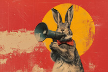 Art Collage. A Crazy Easter Bunny With A Megaphone. Promotion, Action, Holiday, Ad, Job Questions. Vacancy. Business Discount Concept, Communication, Information, News, Team Media Relations.