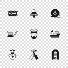 Wall Mural - Set Crossed oars or paddles boat, Cargo ship, Inflatable with motor, Captain of, Anchor, Nautical rope knots, Ship bell and Marine bollard icon. Vector