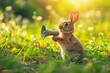 Cute easter bunny with a megaphone in the green grass. Promotion, action, holiday, ad, job questions. Sunny nature - information, news, team media relations.