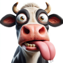 Cow With Tongue Hanging Out And Big Bulging Eyes With Strange Facial Expressions. Ai Generative
