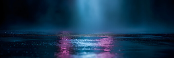 Wet asphalt, reflection of neon lights, a searchlight, smoke. Abstract light in a dark empty street with smoke, smog. Dark background scene of empty street, night view, night city.