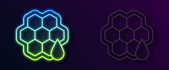 Sticker - Glowing neon line Honeycomb icon isolated on black background. Honey cells symbol. Sweet natural food. Vector