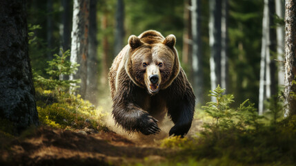 Wall Mural - Portrait of an angry brown bear in a forest