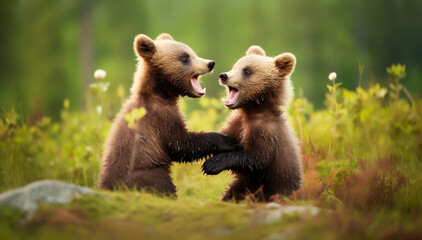 Wall Mural - close-up of cute brown bear cubs playing in the forest