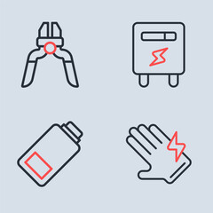 Wall Mural - Set line Electric meter, Battery charge, glove and Pliers tool icon. Vector