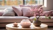 Elegant living room interior with pink flowers