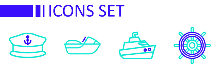 Wall Mural - Set line Ship steering wheel, Speedboat, Jet ski and Captain hat icon. Vector