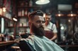 A handsome model man with a beard in the hairdresser. Ai generative