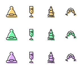 Sticker - Set line Christmas tree, Santa Claus hat, Glass of champagne and icon. Vector