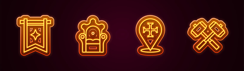 Wall Mural - Set line Medieval flag, throne, Crusade and Crossed battle hammers. Glowing neon icon. Vector