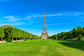 Wall Mural - paris eiffel tower and champ de mars in paris, france. eiffel tower is one of the most iconic landma