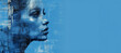 Gorgeous woman face on blue background. Concept of beauty, cosmetology, fashion