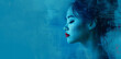 Beautiful Asian woman side profile face view on bright blue wall studio background. Beauty, fashion, cosmetics concept