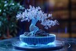 a wireframe hologram in the shape of a blooming bonsai