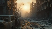 Political Conflict. Destroyed Buildings Background. Terrible Tragic War Concept. Global Crisis. People Suffer. Bombed Ruined Houses. City Streets After Rocket Bomb Explosion. End Of World. Apocalypse.