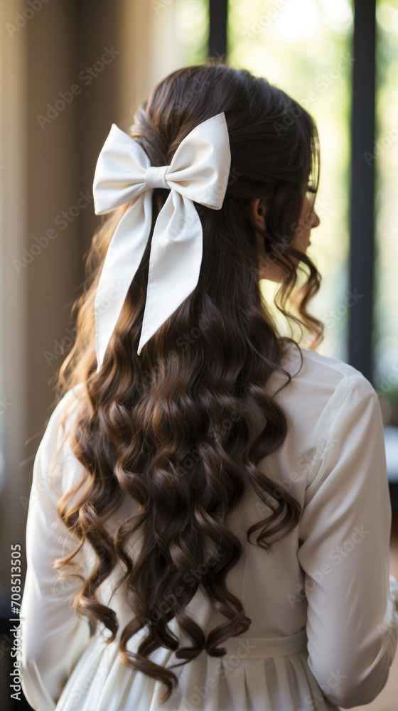 Girl in white dress with long curly hair and white bow on her hair ...