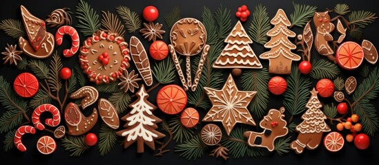 Poster - Christmas postcard with decorative elements like cookies, candies, berries, and tree ornaments.