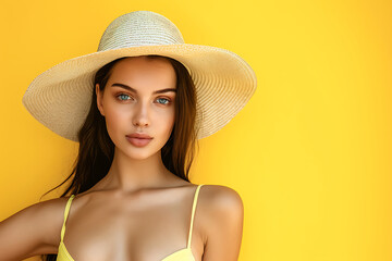 Wall Mural - confident bikini girl in swimsuit and straw hat isolated on summer yellow background