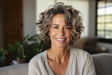 Wall Mural - Portrait of a smiling middle-aged woman with short curly hair