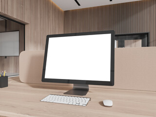Poster - Stylish wooden office interior with pc computer mockup screen on table