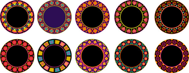 Set of decorative round mandalas in traditional mexican style with copy space. Day of the dead theme vector