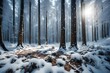 A snow-covered forest floor with delicate snowflakes falling gently, creating a serene winter scene with a wooden texture.