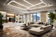 A contemporary living room with a ceiling that features recessed LED panels for customizable lighting