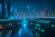 A nighttime view of the upgraded colony's skyline, with bioluminescent pathways creating a futuristic urban glow.